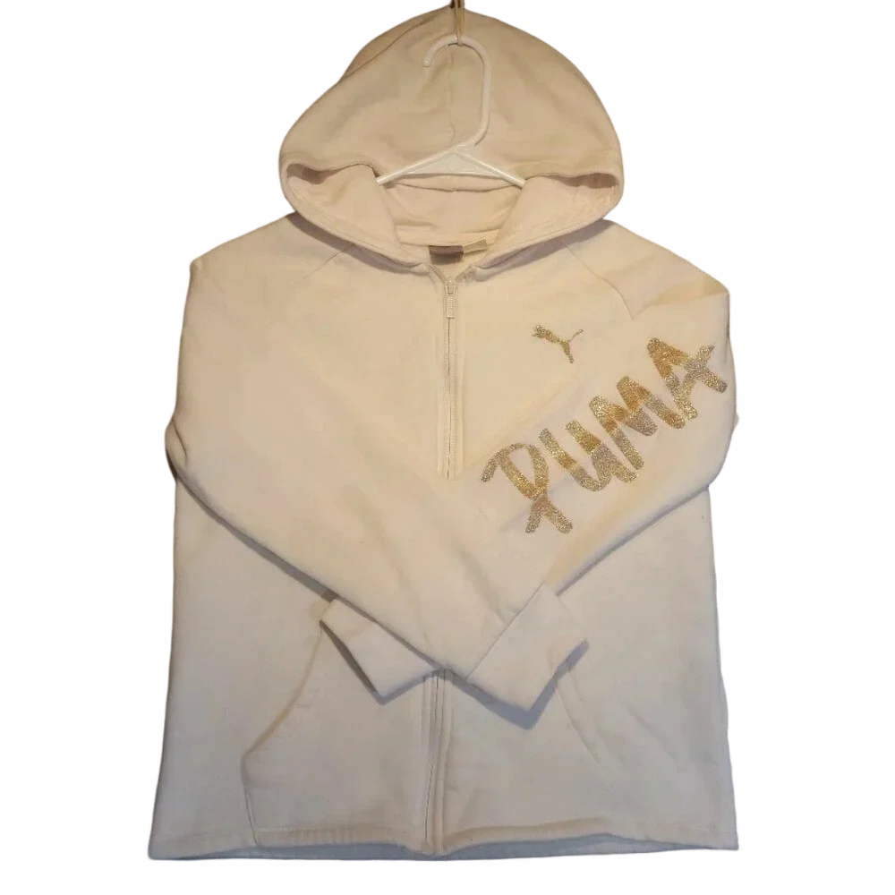 PUMA Unisex White w/Metallic Gold Logo Long Sleeve Hoodie NWOT Size Large 12-14